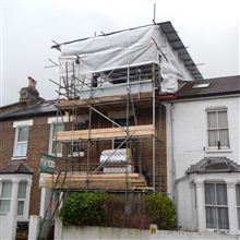 Dormer loft conversion in Shepherds Bush W12 started January 2014 with tin hat scaffolding by Ash Island Lofts of Chiswick