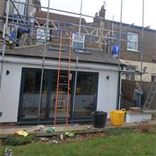 Scaffolding up for L shape dormer Acton W3 Ash Island Lofts